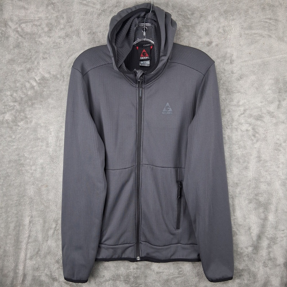 Gerry Mens Medium Performance Full Zip Grid Fleece Hoodie Gray 1717091
